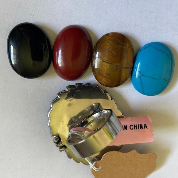 Exchangeable Gemstone Rocks Ring Stainless Steel W/Agate, Turquoise & Tiger Eye - Picture 2 of 8